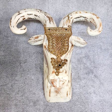 White Distressed Ram Head Handcrafted Wooden Wall Art